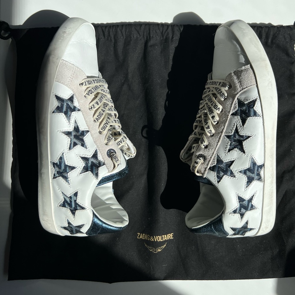 NEW W/BAG! Zadig & Voltaire Blue ZV Star Patch, Metallic, Leather Sneakers!